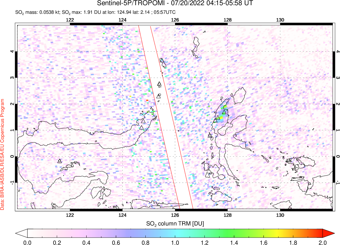 A sulfur dioxide image over Northern Sulawesi & Halmahera, Indonesia on Jul 20, 2022.