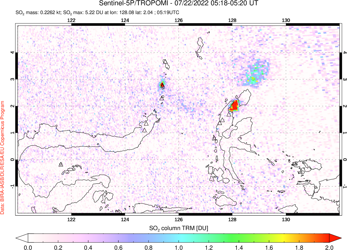 A sulfur dioxide image over Northern Sulawesi & Halmahera, Indonesia on Jul 22, 2022.
