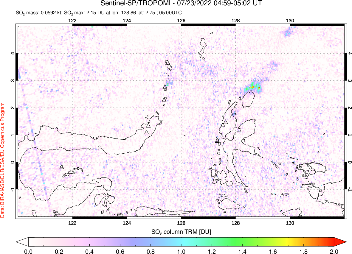A sulfur dioxide image over Northern Sulawesi & Halmahera, Indonesia on Jul 23, 2022.