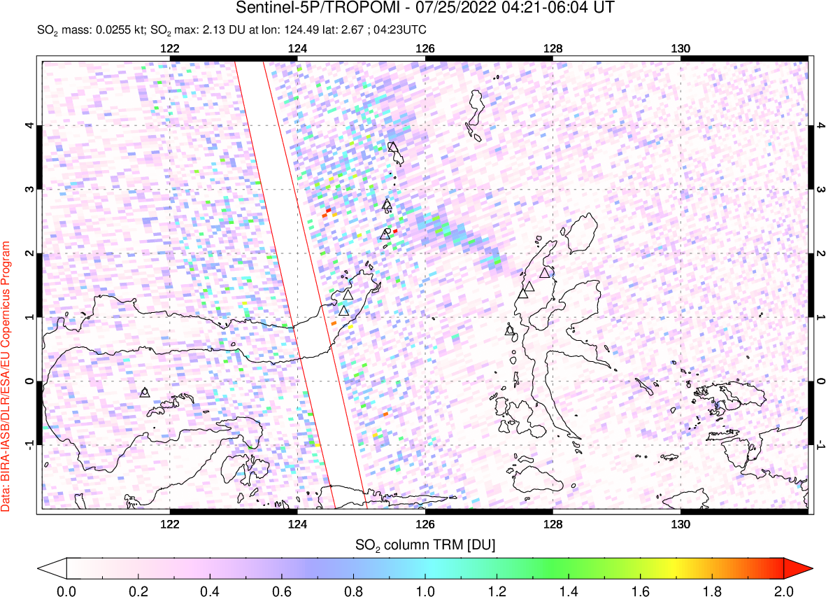 A sulfur dioxide image over Northern Sulawesi & Halmahera, Indonesia on Jul 25, 2022.