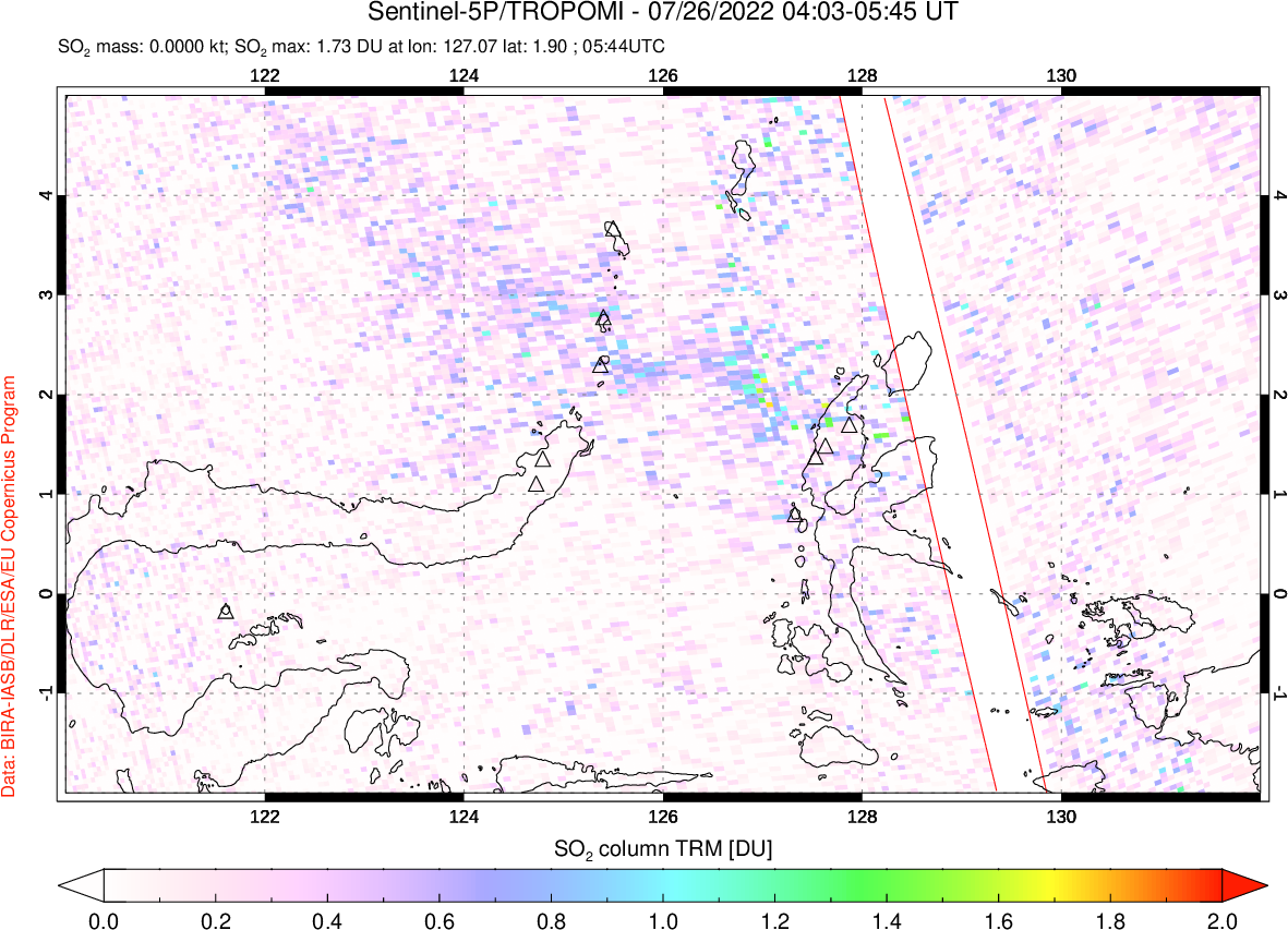 A sulfur dioxide image over Northern Sulawesi & Halmahera, Indonesia on Jul 26, 2022.