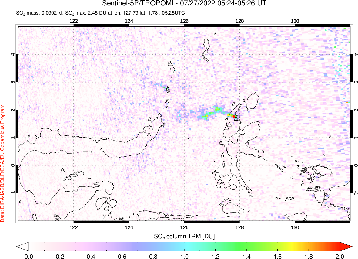 A sulfur dioxide image over Northern Sulawesi & Halmahera, Indonesia on Jul 27, 2022.