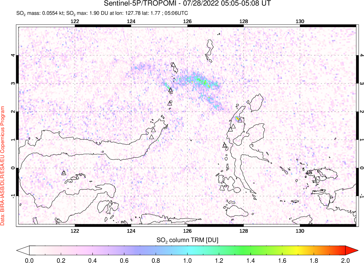 A sulfur dioxide image over Northern Sulawesi & Halmahera, Indonesia on Jul 28, 2022.