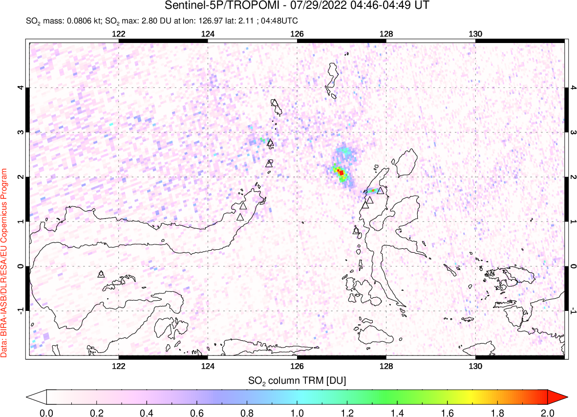 A sulfur dioxide image over Northern Sulawesi & Halmahera, Indonesia on Jul 29, 2022.