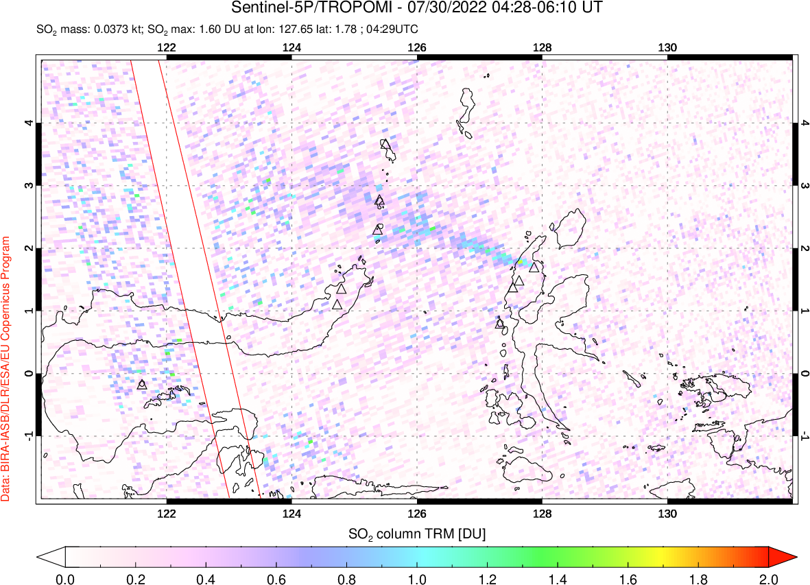 A sulfur dioxide image over Northern Sulawesi & Halmahera, Indonesia on Jul 30, 2022.