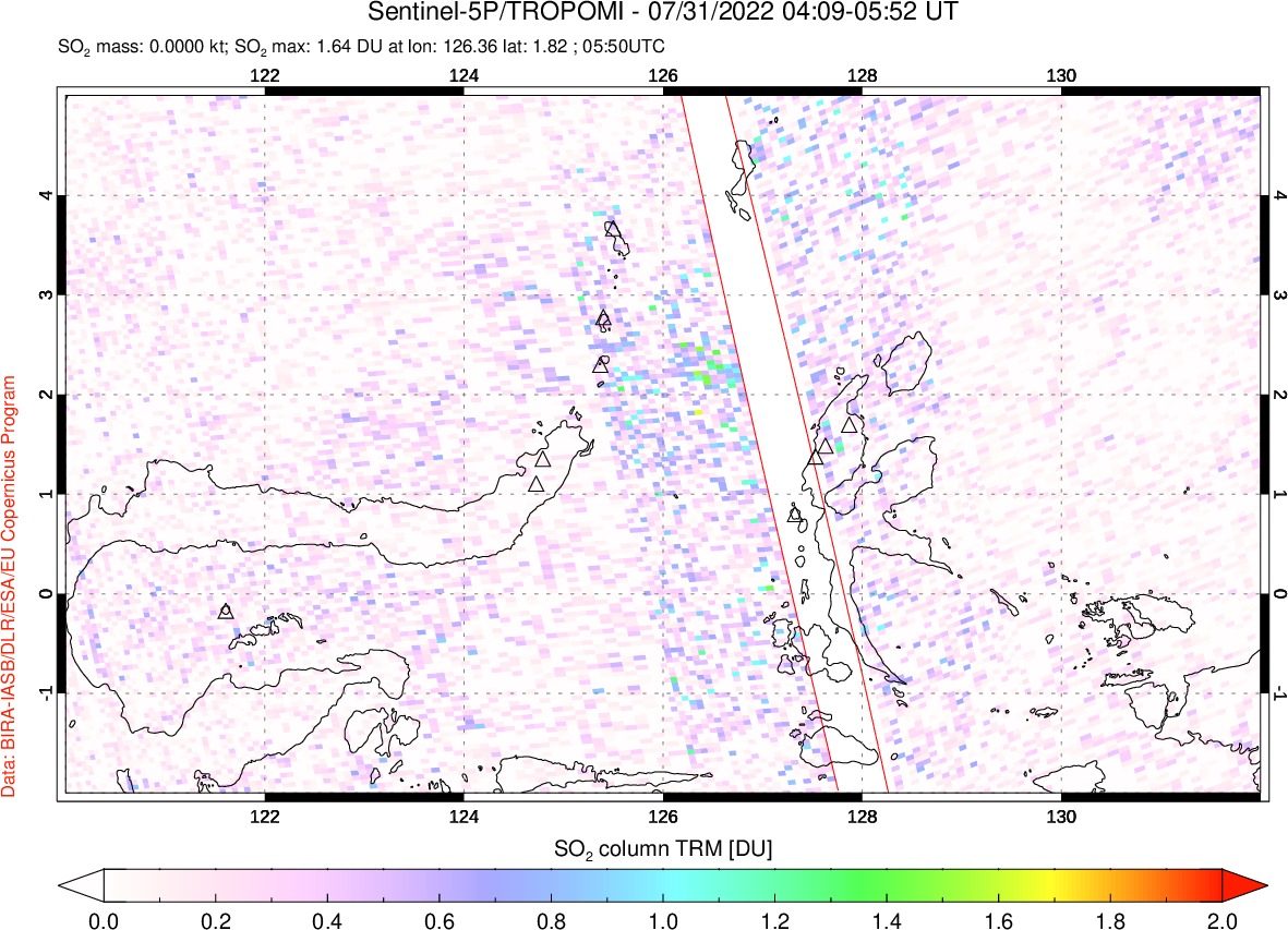A sulfur dioxide image over Northern Sulawesi & Halmahera, Indonesia on Jul 31, 2022.