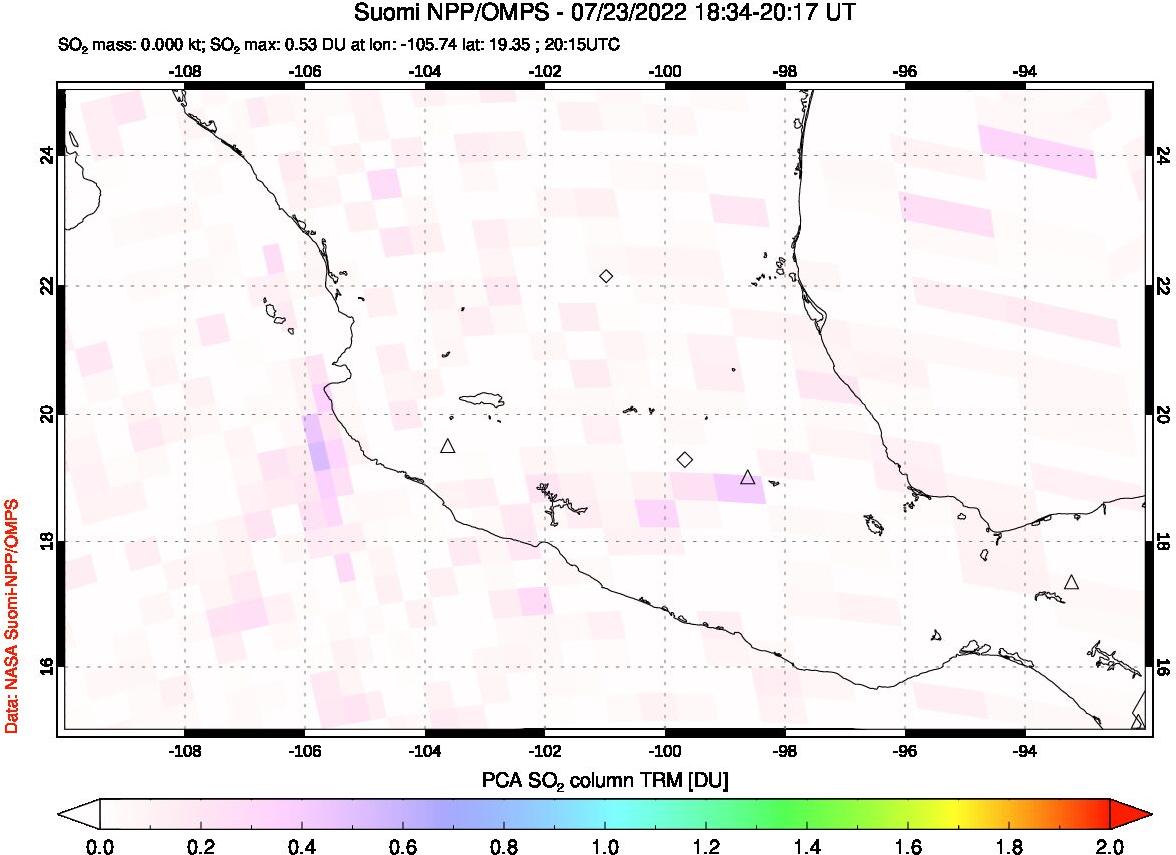 A sulfur dioxide image over Mexico on Jul 23, 2022.