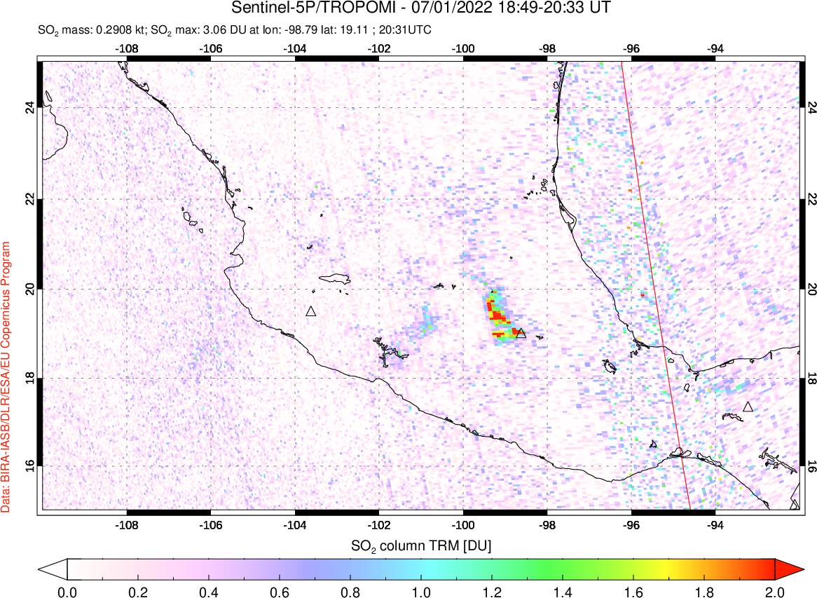 A sulfur dioxide image over Mexico on Jul 01, 2022.