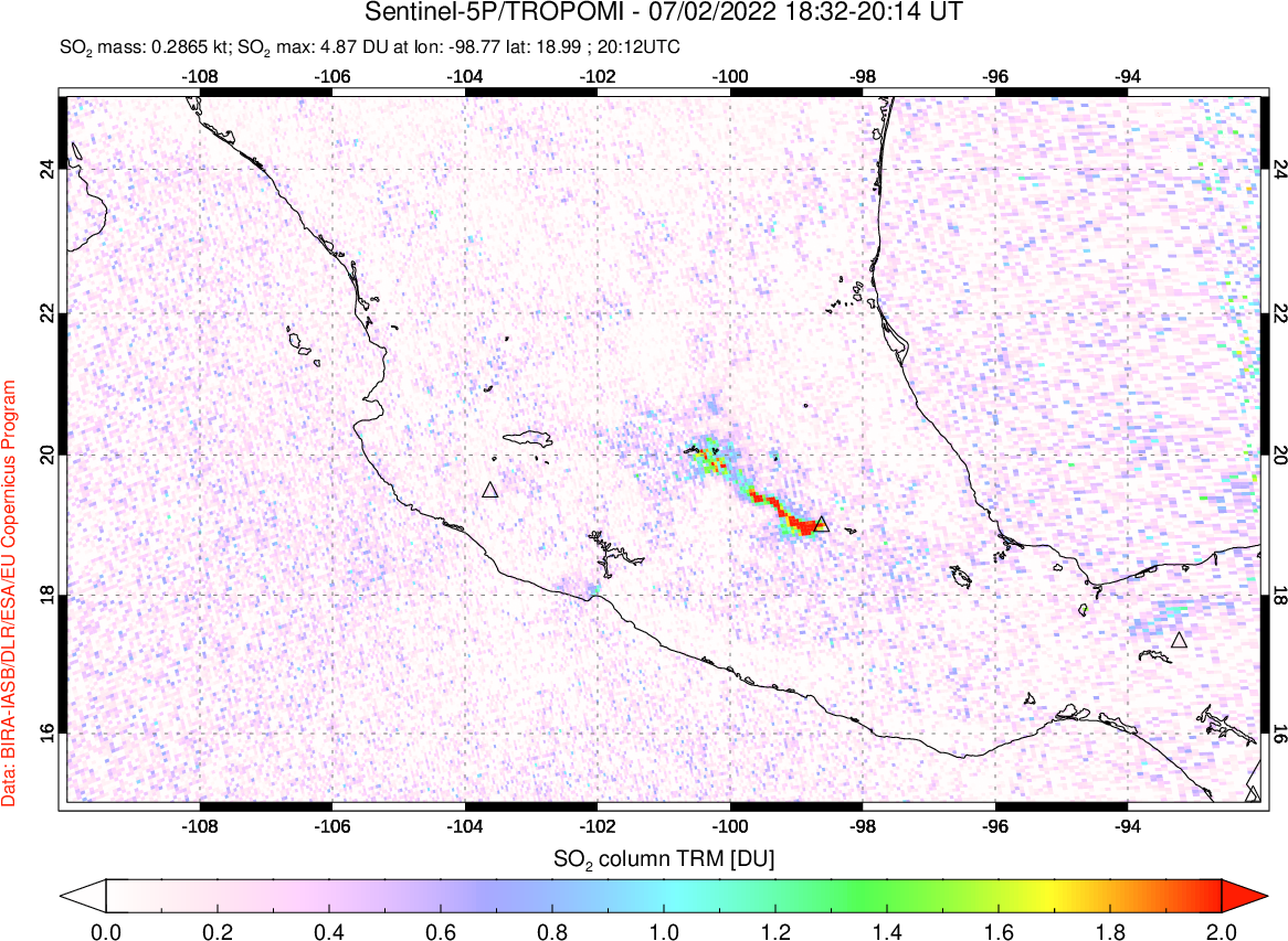A sulfur dioxide image over Mexico on Jul 02, 2022.