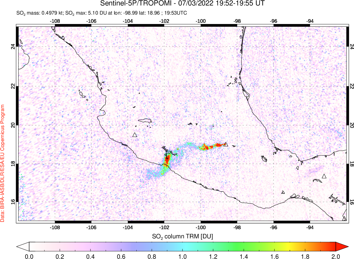 A sulfur dioxide image over Mexico on Jul 03, 2022.