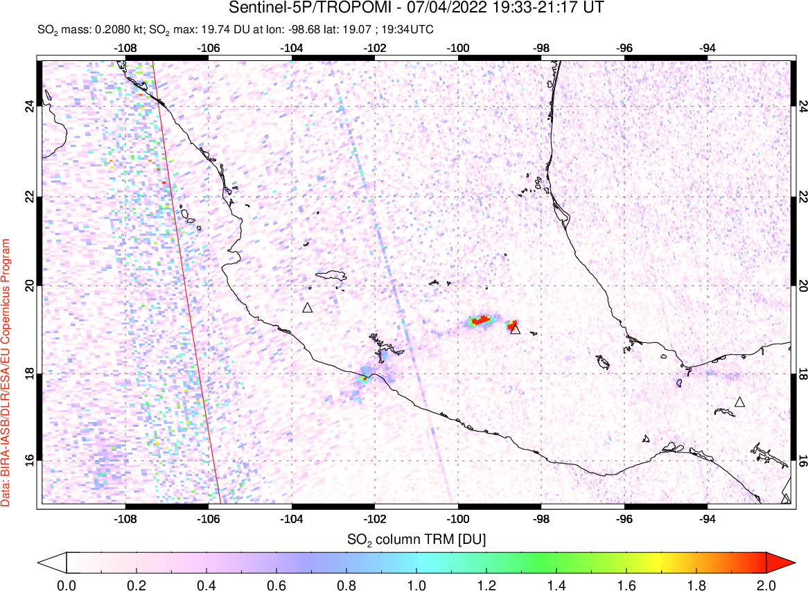 A sulfur dioxide image over Mexico on Jul 04, 2022.