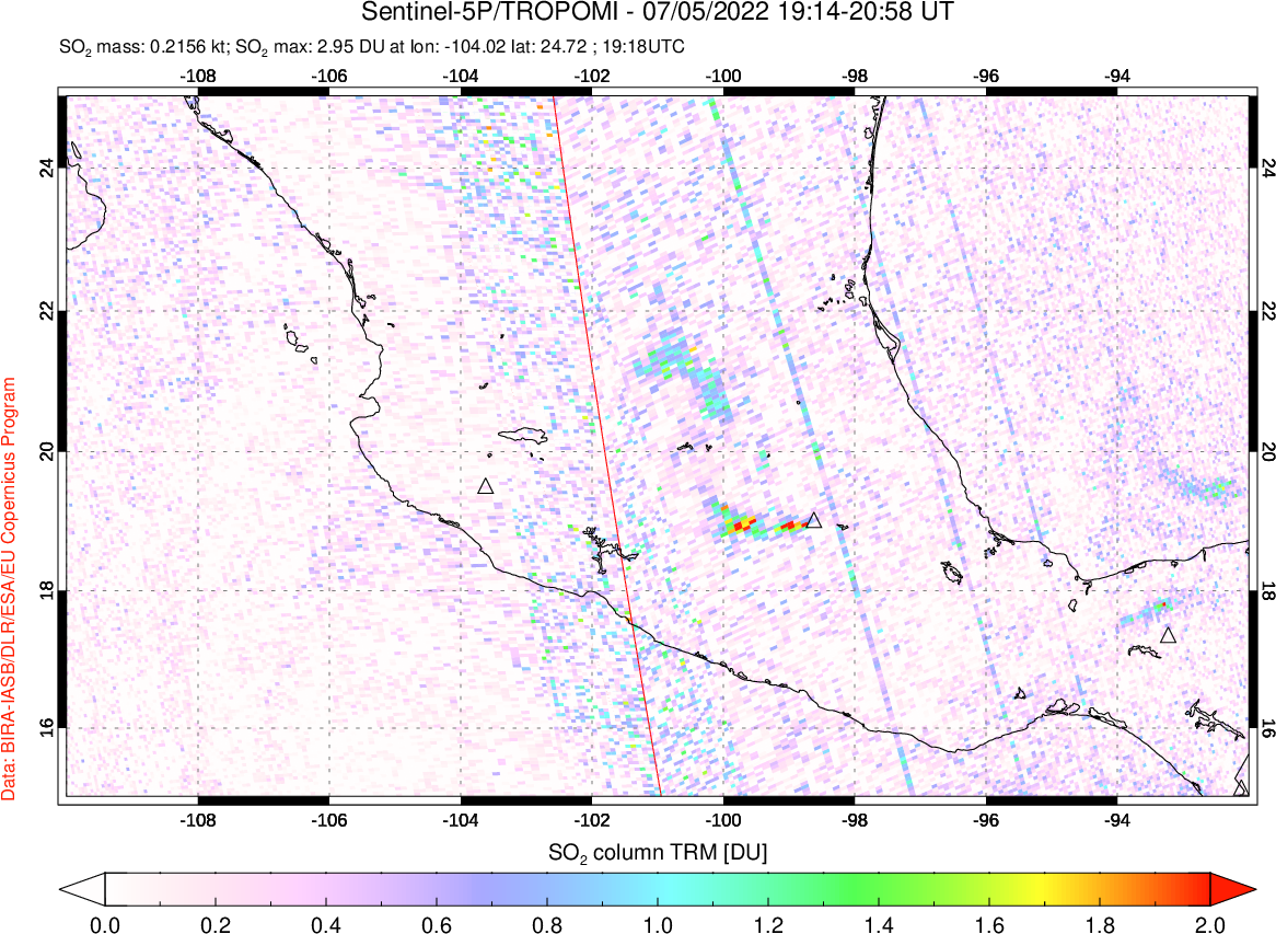 A sulfur dioxide image over Mexico on Jul 05, 2022.
