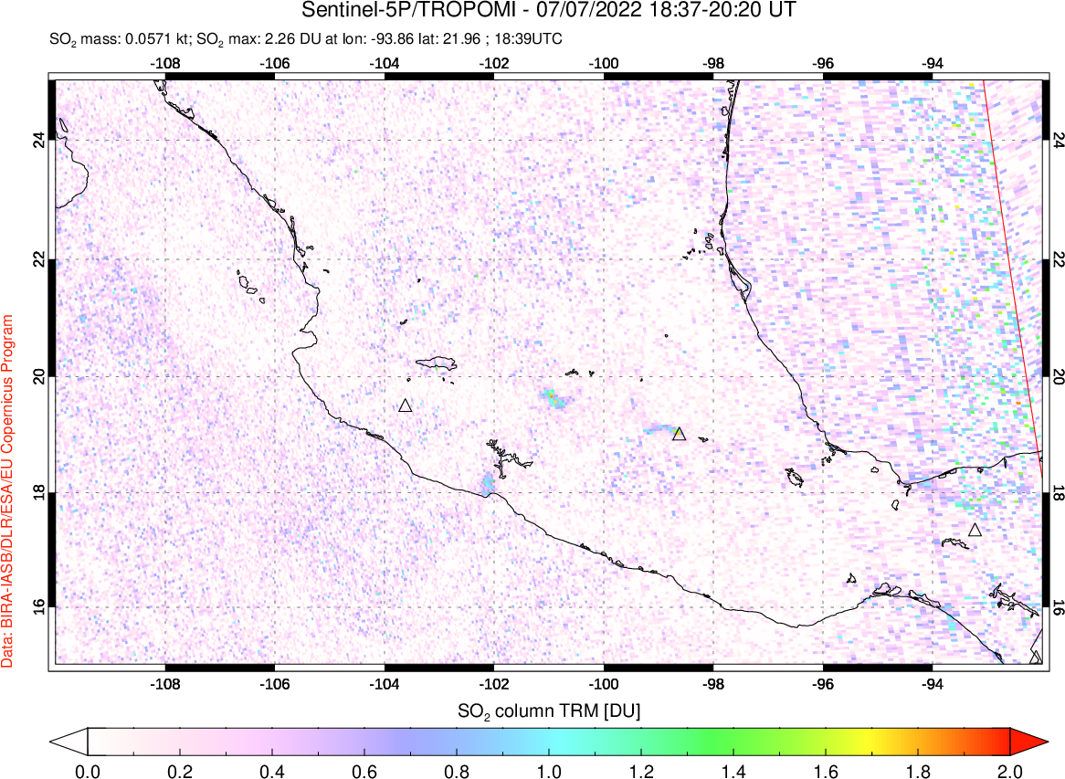A sulfur dioxide image over Mexico on Jul 07, 2022.