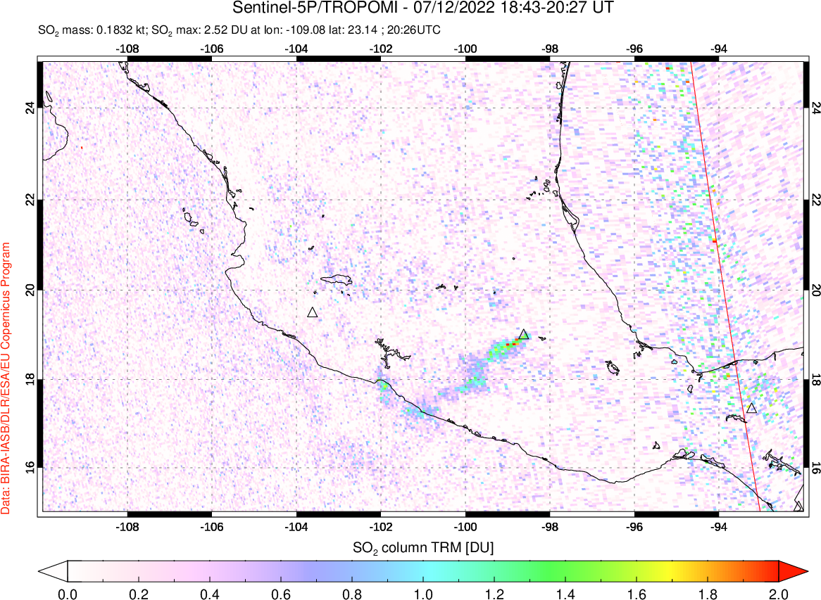A sulfur dioxide image over Mexico on Jul 12, 2022.