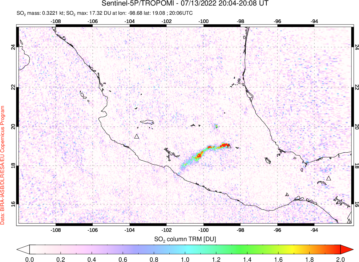 A sulfur dioxide image over Mexico on Jul 13, 2022.