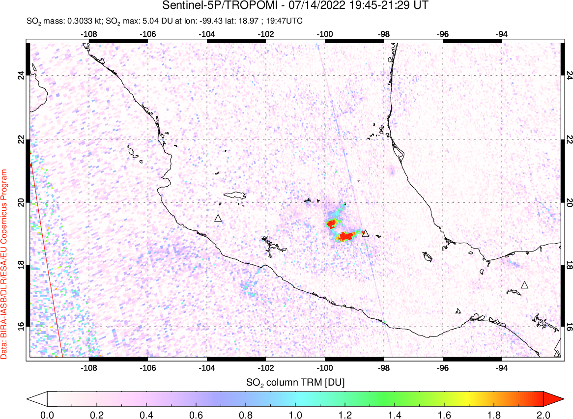 A sulfur dioxide image over Mexico on Jul 14, 2022.