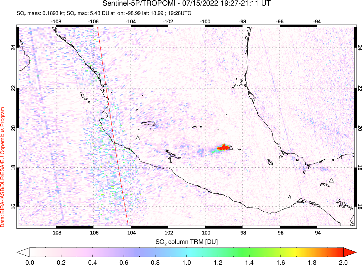 A sulfur dioxide image over Mexico on Jul 15, 2022.