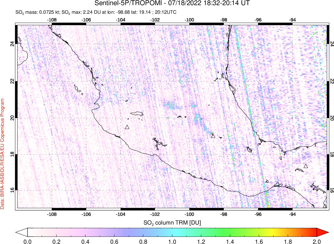 A sulfur dioxide image over Mexico on Jul 18, 2022.