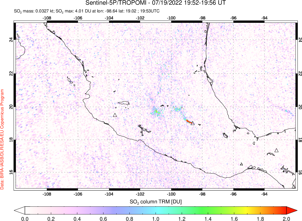 A sulfur dioxide image over Mexico on Jul 19, 2022.