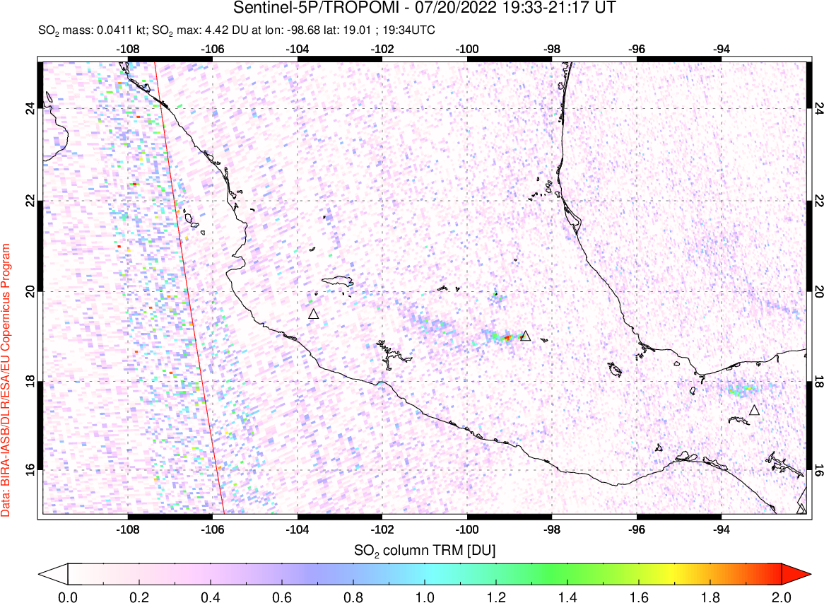 A sulfur dioxide image over Mexico on Jul 20, 2022.