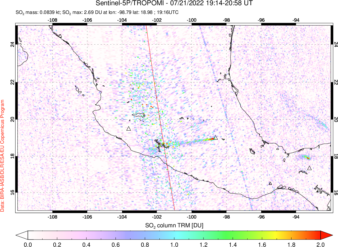 A sulfur dioxide image over Mexico on Jul 21, 2022.