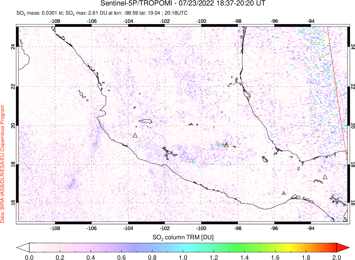 A sulfur dioxide image over Mexico on Jul 23, 2022.