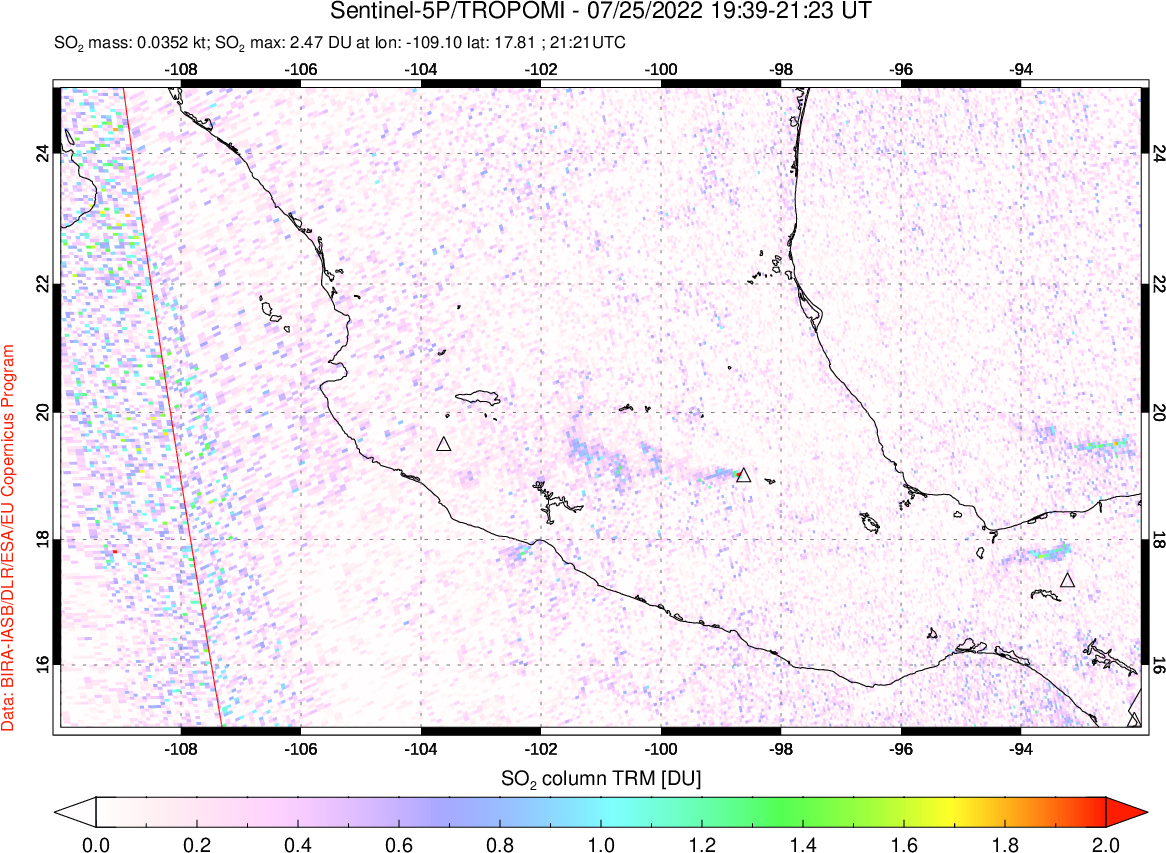 A sulfur dioxide image over Mexico on Jul 25, 2022.