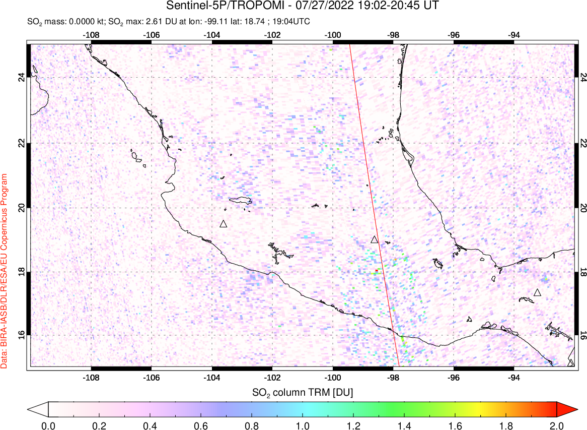 A sulfur dioxide image over Mexico on Jul 27, 2022.