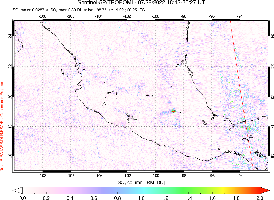 A sulfur dioxide image over Mexico on Jul 28, 2022.