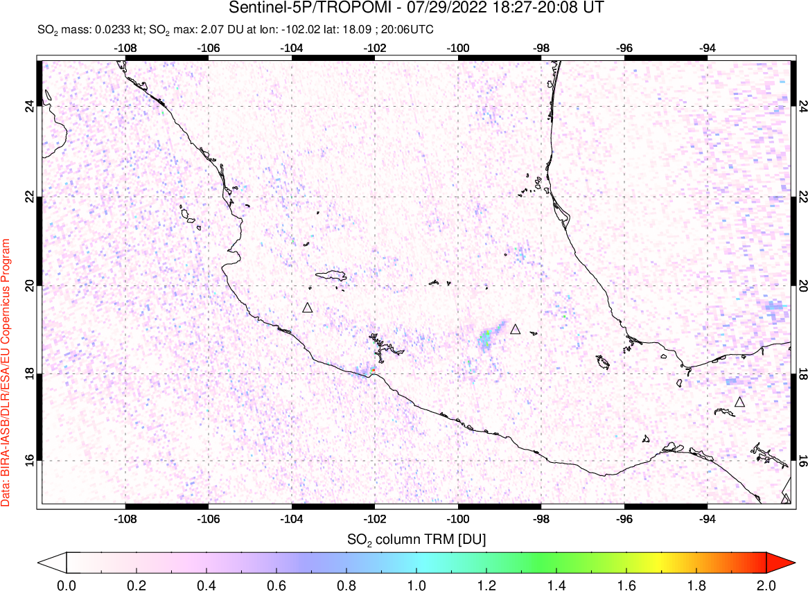 A sulfur dioxide image over Mexico on Jul 29, 2022.
