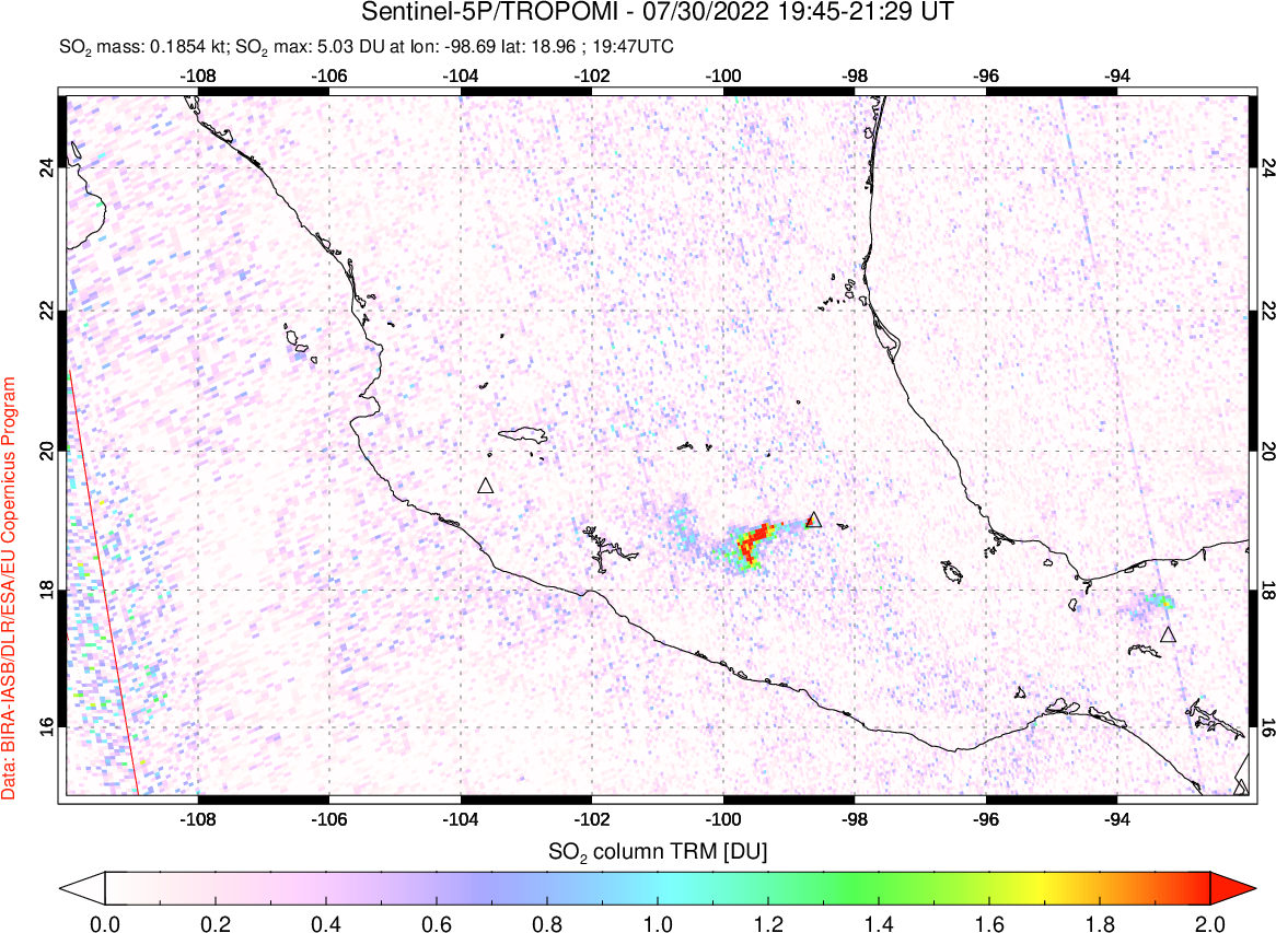 A sulfur dioxide image over Mexico on Jul 30, 2022.