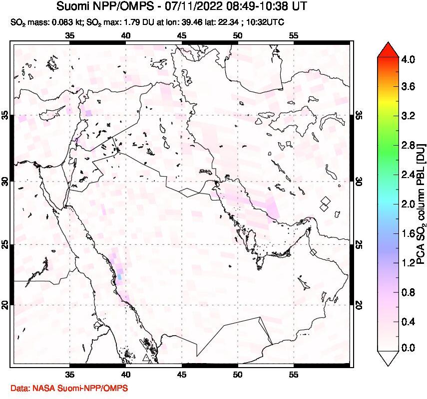 A sulfur dioxide image over Middle East on Jul 11, 2022.