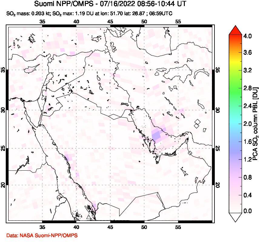 A sulfur dioxide image over Middle East on Jul 16, 2022.