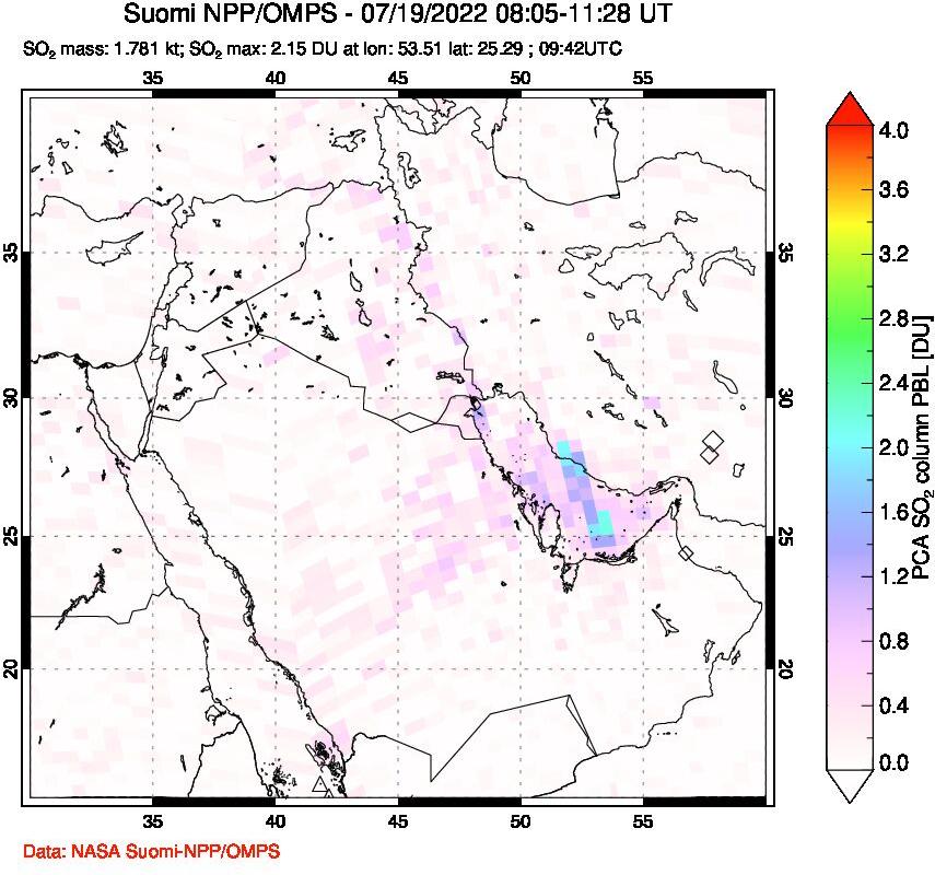 A sulfur dioxide image over Middle East on Jul 19, 2022.
