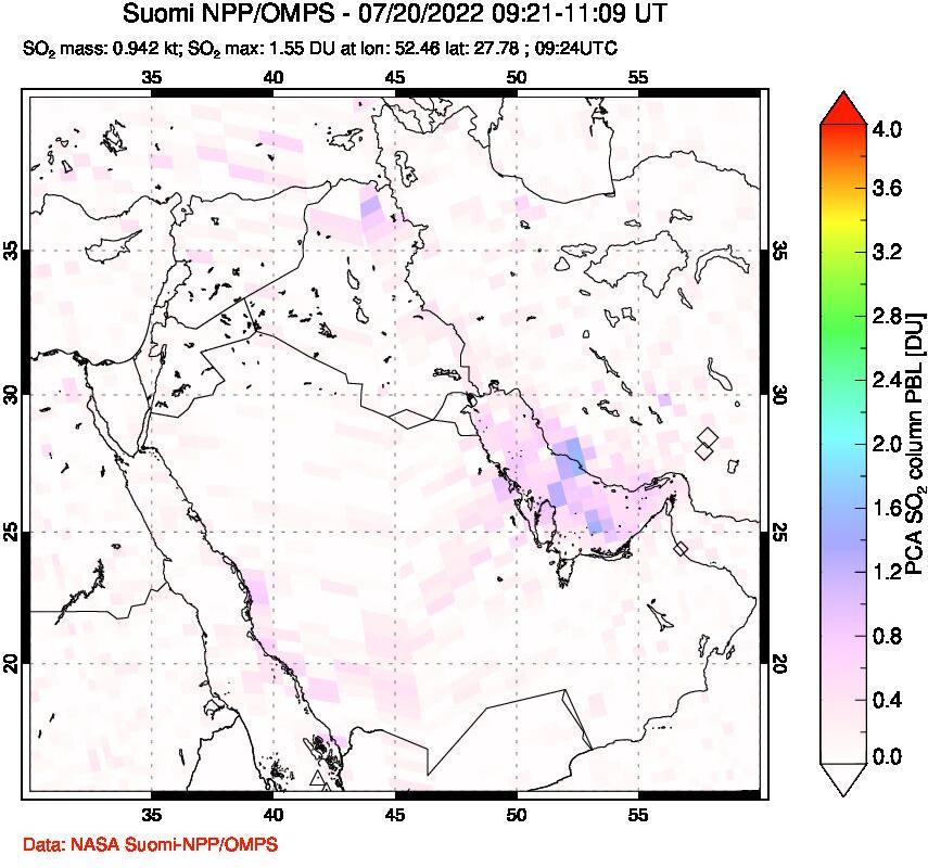 A sulfur dioxide image over Middle East on Jul 20, 2022.