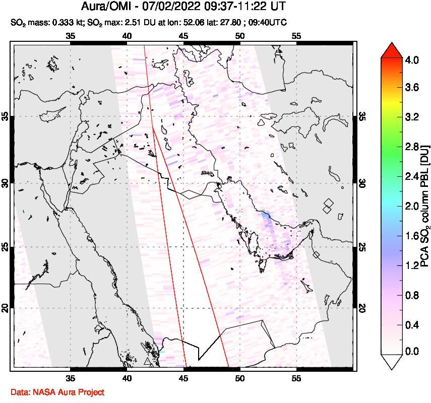 A sulfur dioxide image over Middle East on Jul 02, 2022.