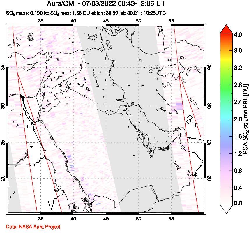 A sulfur dioxide image over Middle East on Jul 03, 2022.