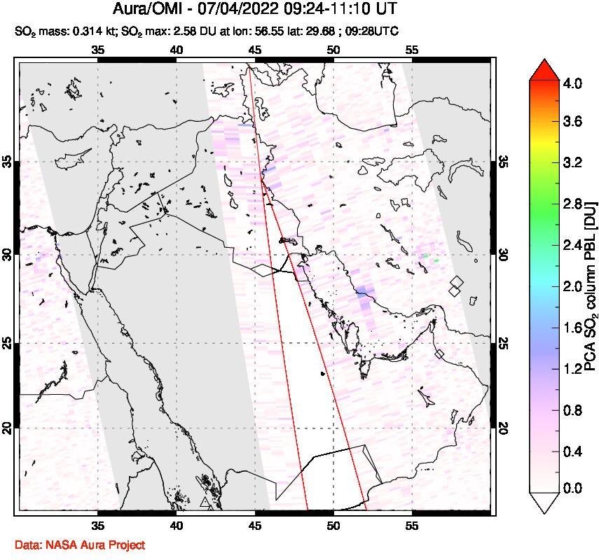 A sulfur dioxide image over Middle East on Jul 04, 2022.