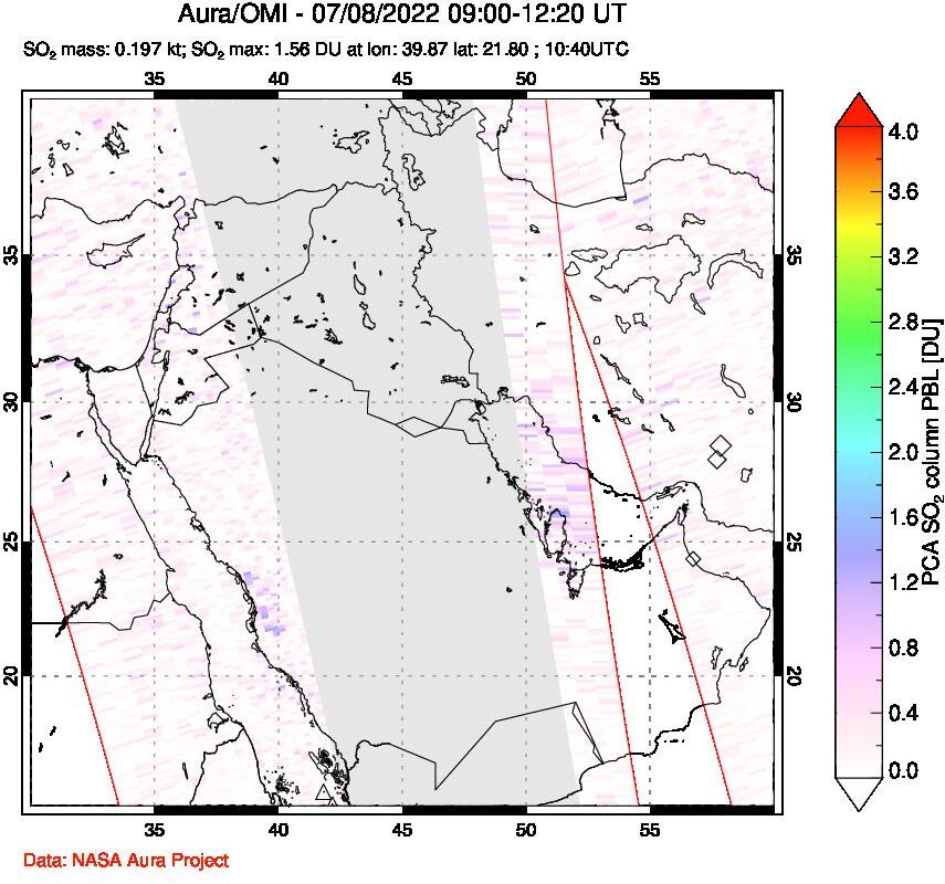 A sulfur dioxide image over Middle East on Jul 08, 2022.