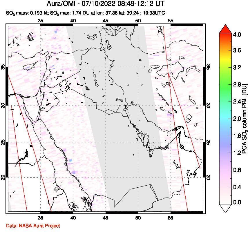 A sulfur dioxide image over Middle East on Jul 10, 2022.