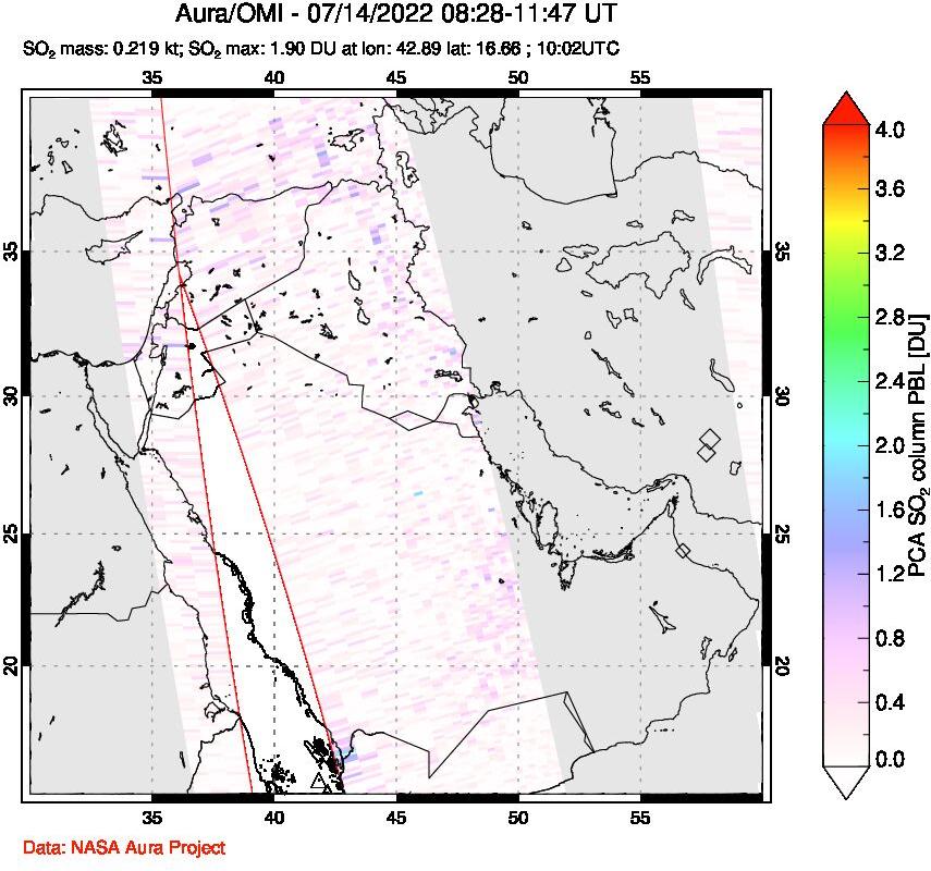 A sulfur dioxide image over Middle East on Jul 14, 2022.