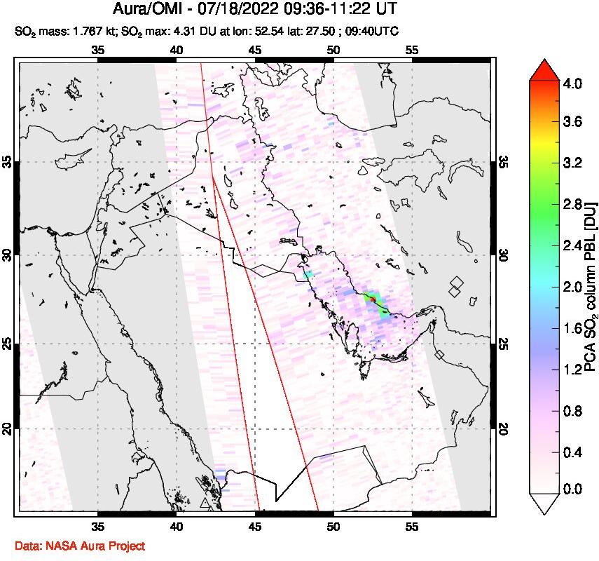 A sulfur dioxide image over Middle East on Jul 18, 2022.