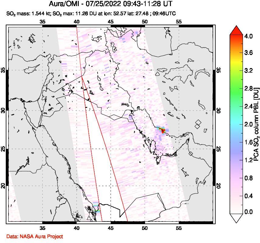 A sulfur dioxide image over Middle East on Jul 25, 2022.