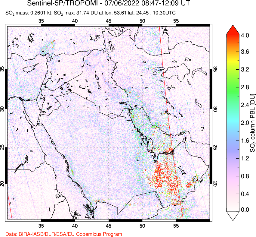 A sulfur dioxide image over Middle East on Jul 06, 2022.