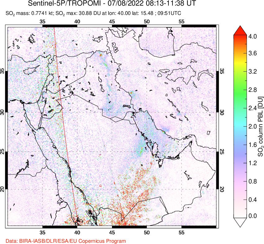 A sulfur dioxide image over Middle East on Jul 08, 2022.