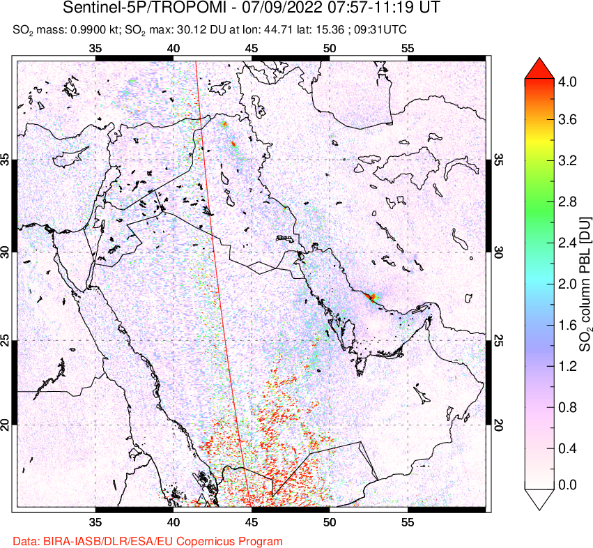 A sulfur dioxide image over Middle East on Jul 09, 2022.