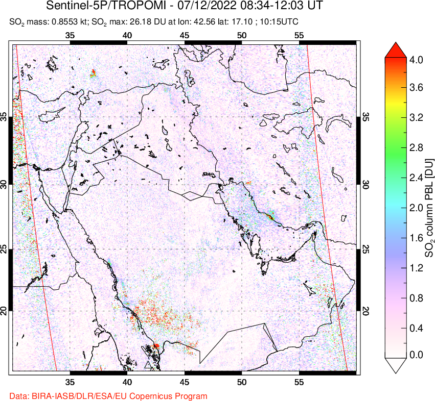 A sulfur dioxide image over Middle East on Jul 12, 2022.