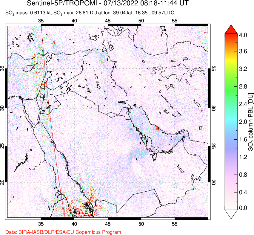 A sulfur dioxide image over Middle East on Jul 13, 2022.