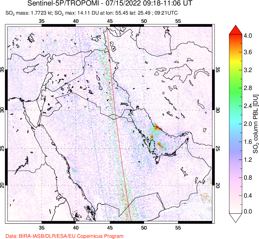 A sulfur dioxide image over Middle East on Jul 15, 2022.