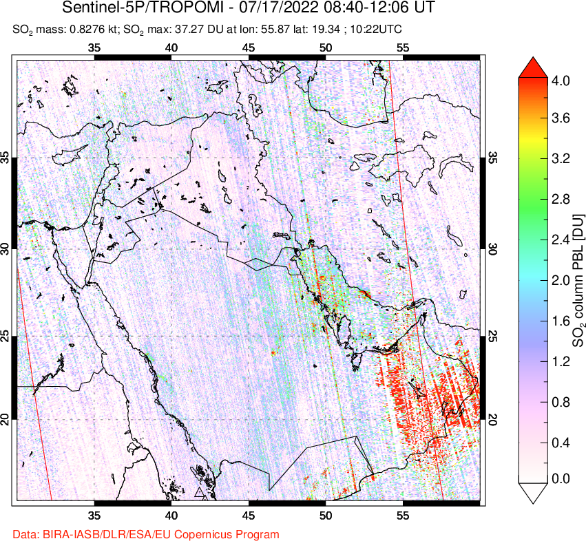 A sulfur dioxide image over Middle East on Jul 17, 2022.